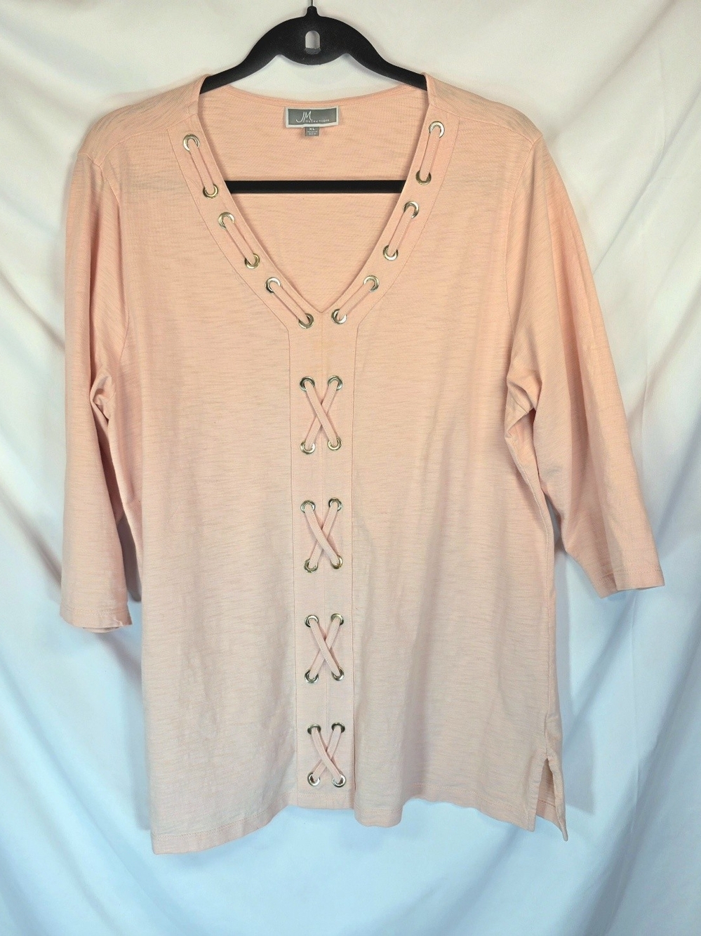 JM Collection Womens Top XL Blush Pink V-Neck Grommet Faux Lace Up Boho Knit